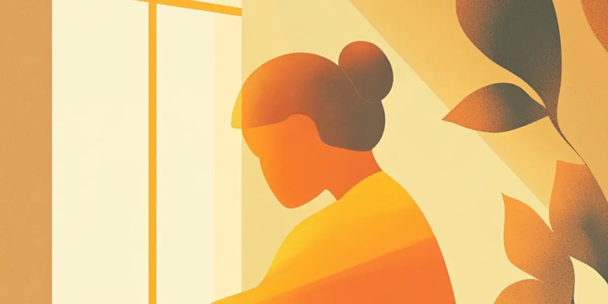 A grieving figure with bowed head sits in profile by a bright window, soft leaves overhanging in warm light.