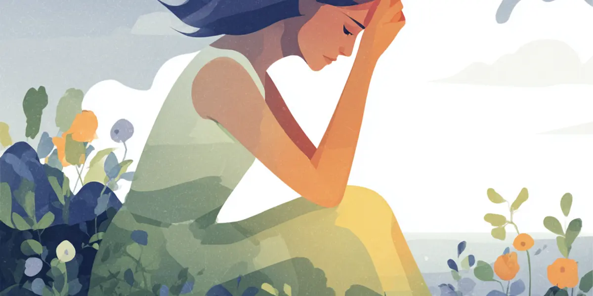 A woman stands with her hands pressed to her face in distress amid a field of dark flowers under a clouded sky.