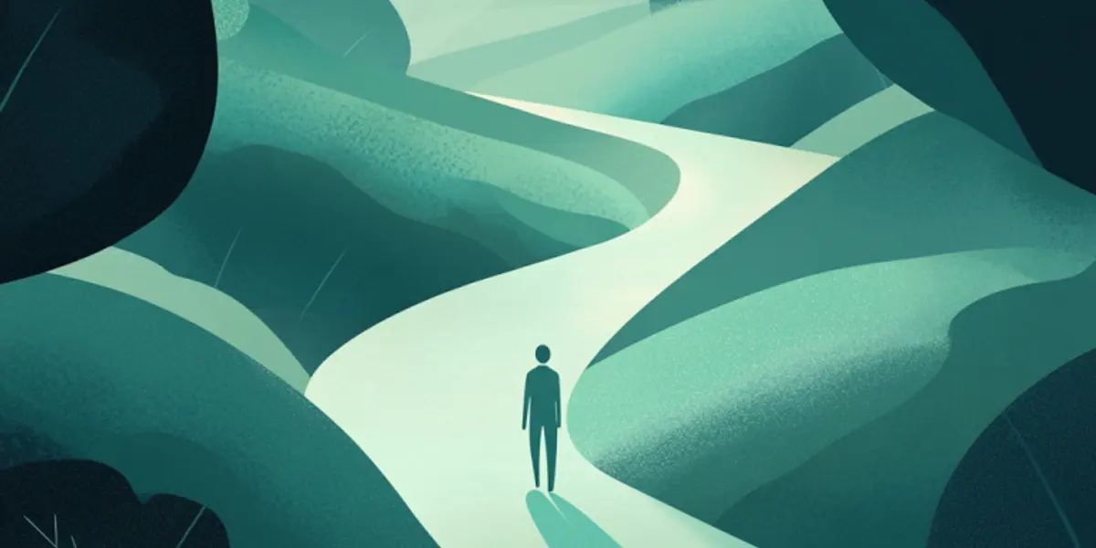 A lone figure walks a winding pale path through layered teal hills and dark rounded trees toward a misty horizon.