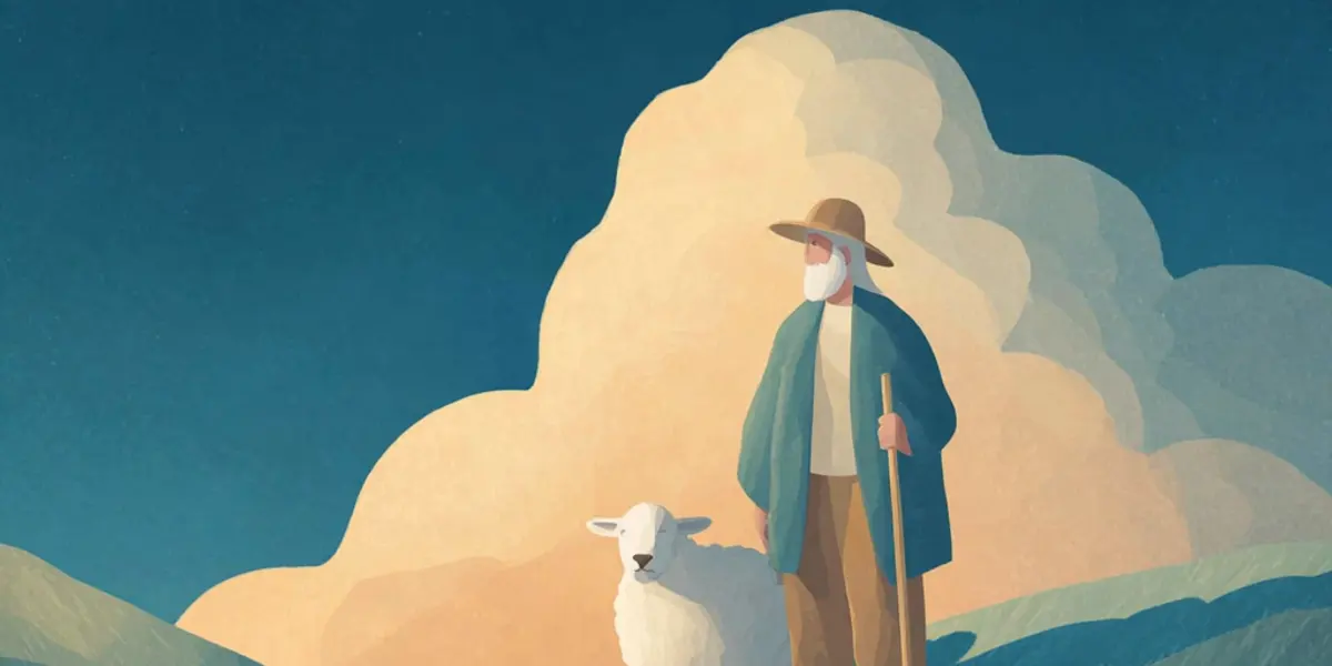 A hat-wearing shepherd with a staff stands beside a white sheep on a dark green hilltop, backed by large soft clouds glowing in warm light.