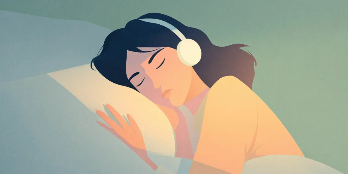 A woman with headphones sleeps peacefully on a pillow under soft blankets, lit by a gentle warm glow.