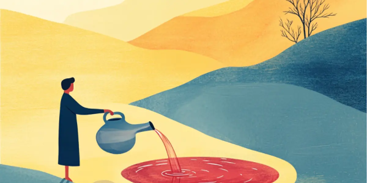 Une silhouette vêtue d'une robe verse de l'eau d'une cruche, qui se transforme en vin rouge dans un bassin, sur fond de collines dorées et bleues.