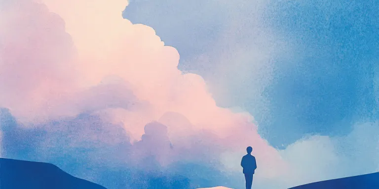 A lone figure stands on a ridge looking toward tall soft clouds in a bright sky.