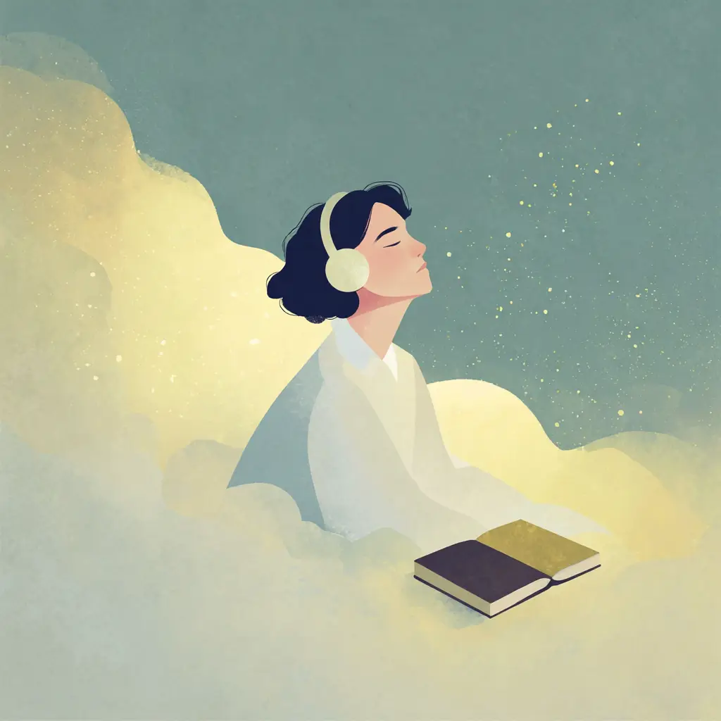 A person wearing headphones rests peacefully against a soft cloud with eyes closed, an open book beside them under a starry sky.