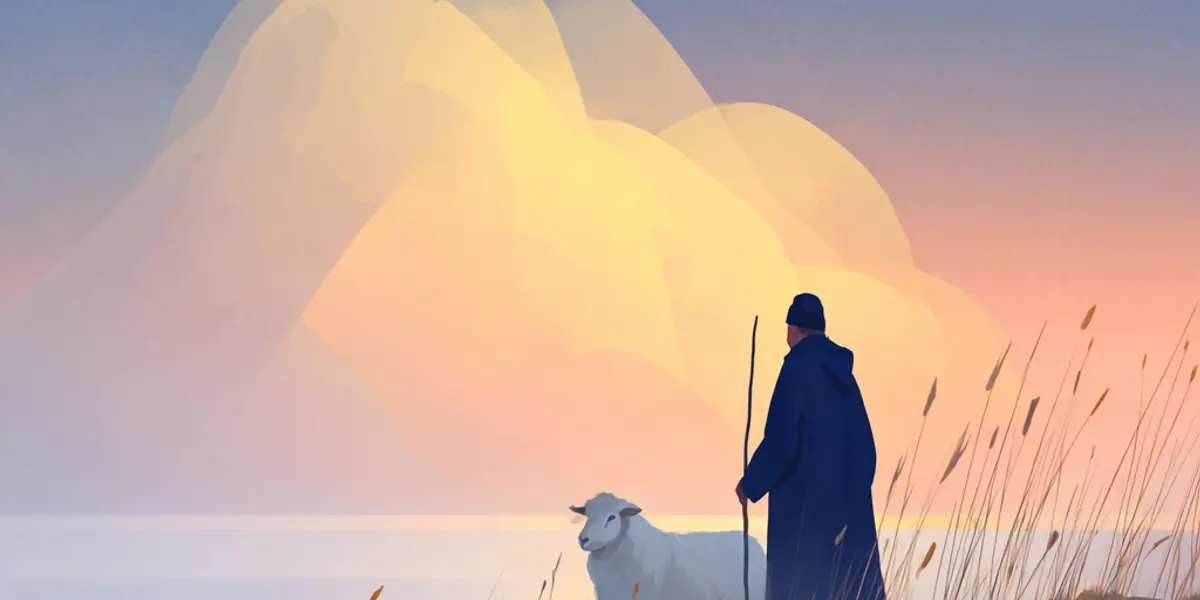 Un berger tenant un bâton se tient près d’un mouton blanc sur une colline herbeuse au coucher du soleil, avec des montagnes en arrière-plan.