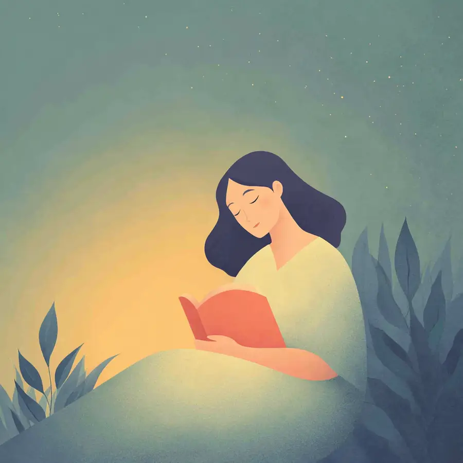 A woman resting peacefully with a Bible beside her