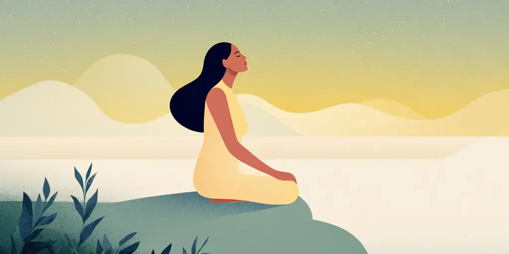 Eine Frau sitzt in ruhiger Meditation auf einem Felsen am stillen Wasser, vor sanften Hügeln im warmen Licht der Dämmerung.