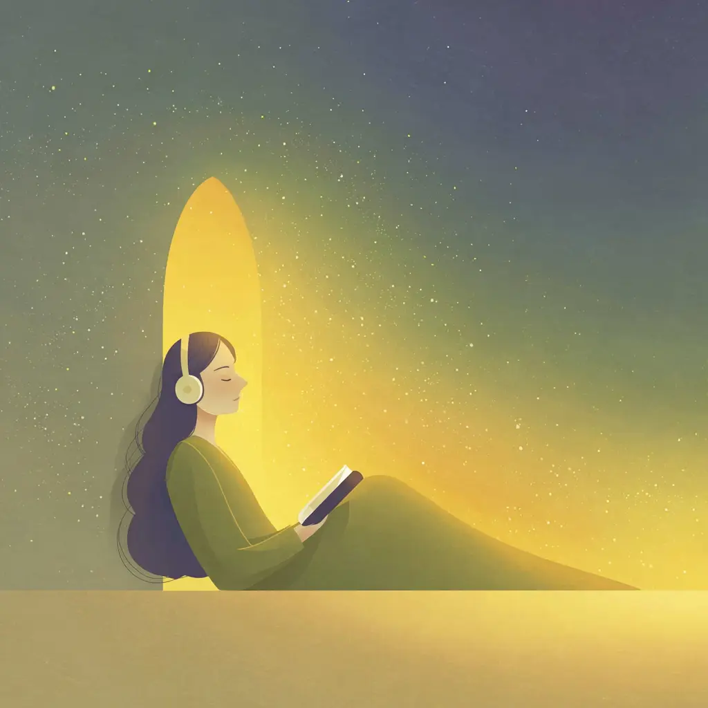 A person with headphones reclines with eyes closed against a glowing yellow hillside at dusk, a book on their lap and a starry sky above.