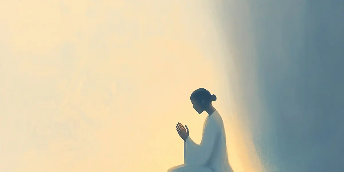 A person in white kneels in prayer with hands clasped, bathed in a soft beam of warm light against a calm background.
