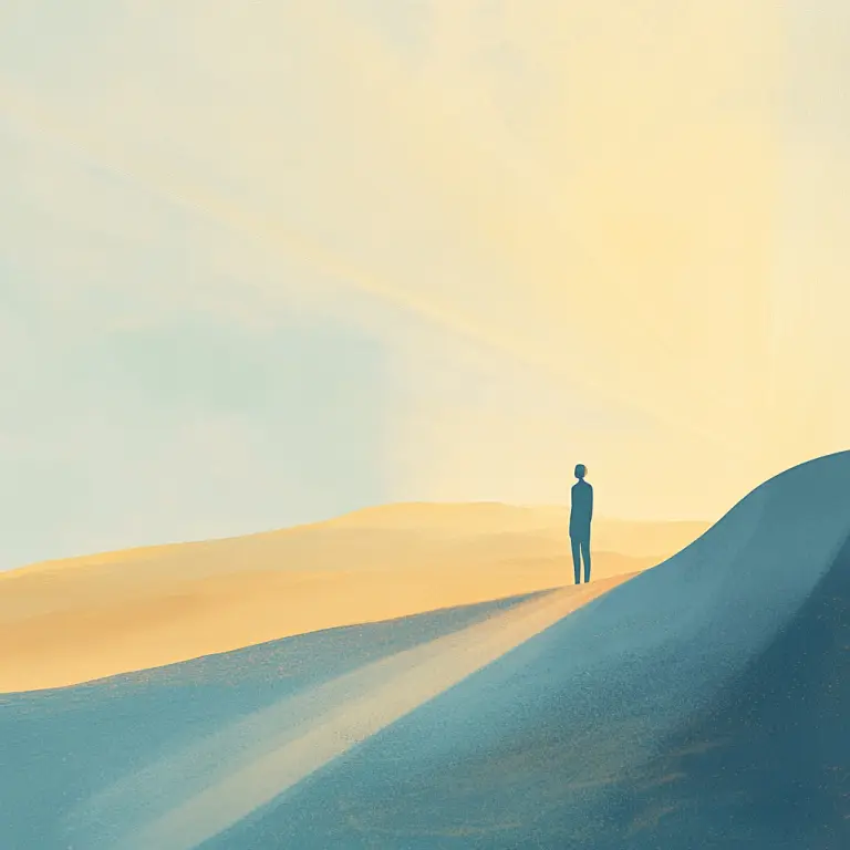 A lone figure stands atop a dune gazing toward a bright golden horizon.