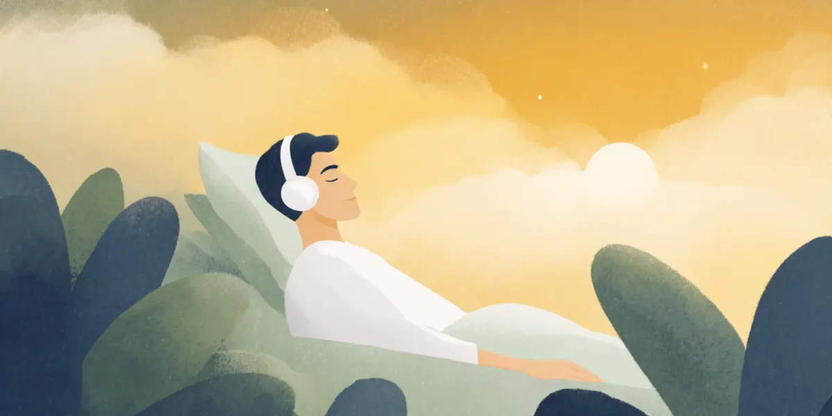 A man rests peacefully against pillows with eyes closed, surrounded by dark foliage under a warm glowing sky with stars.