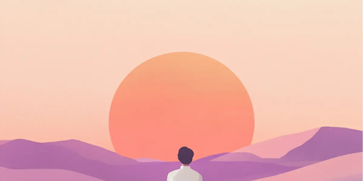 A solitary figure sits cross-legged on a purple dune watching a large orange sun set over rolling hills.