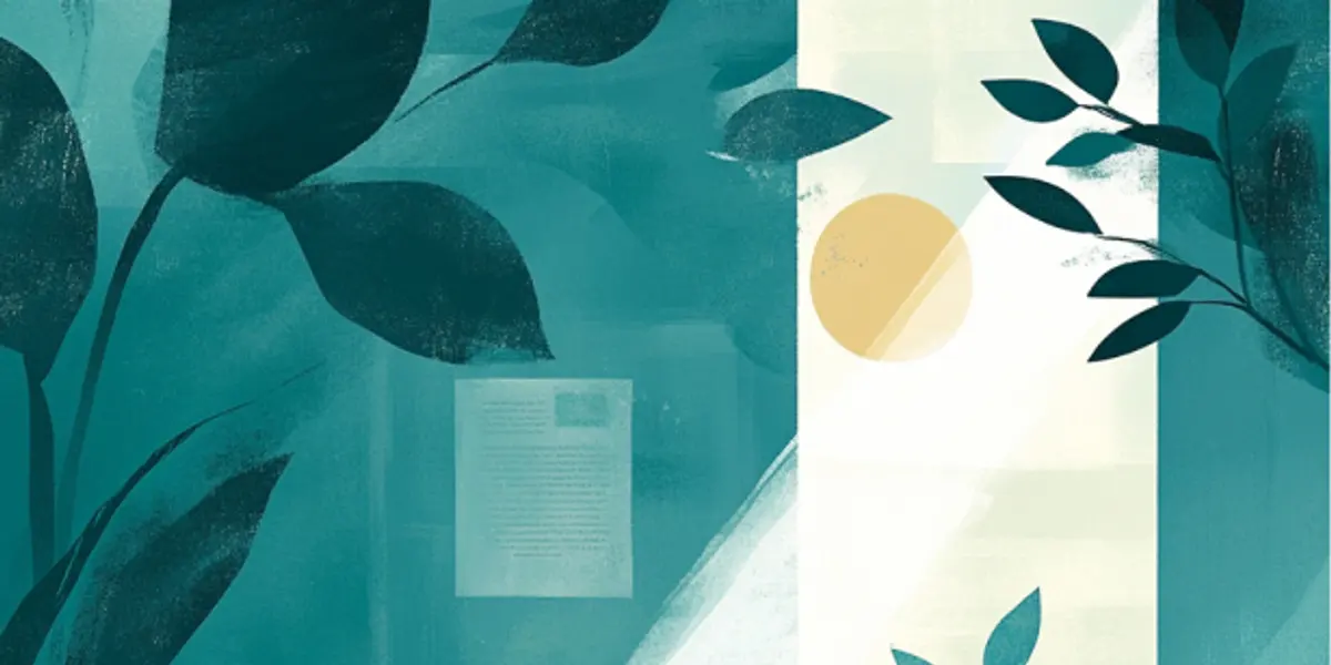 A person sits reading an open book in a tranquil teal space with leaves, sunbeams and a small framed plant on the wall.