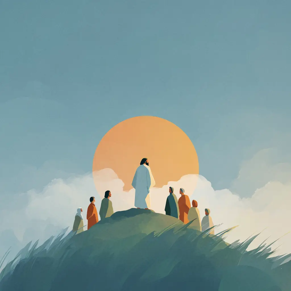 A robed figure stands atop a green hill addressing a small gathering of people, silhouetted against a large glowing sun.