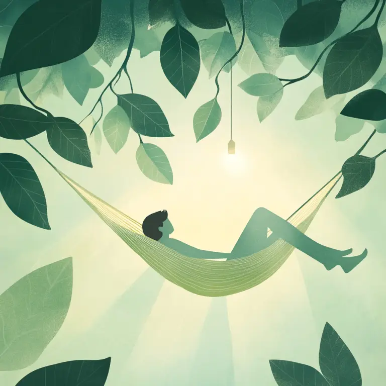 A person reclines peacefully in a hanging hammock beneath lush green leaves, lit by a soft glowing lamp.