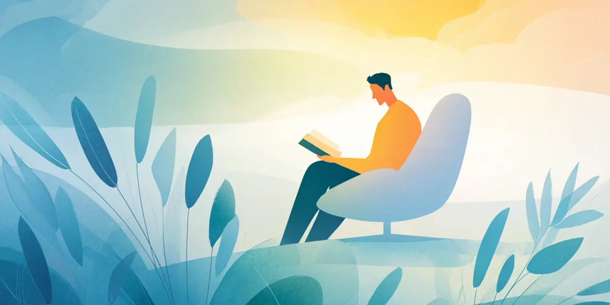A man sits in an armchair reading a book amid lush foliage, with a soft warm sunrise glowing on the horizon.