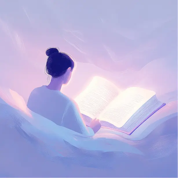 A woman reading a glowing Bible in soft evening light