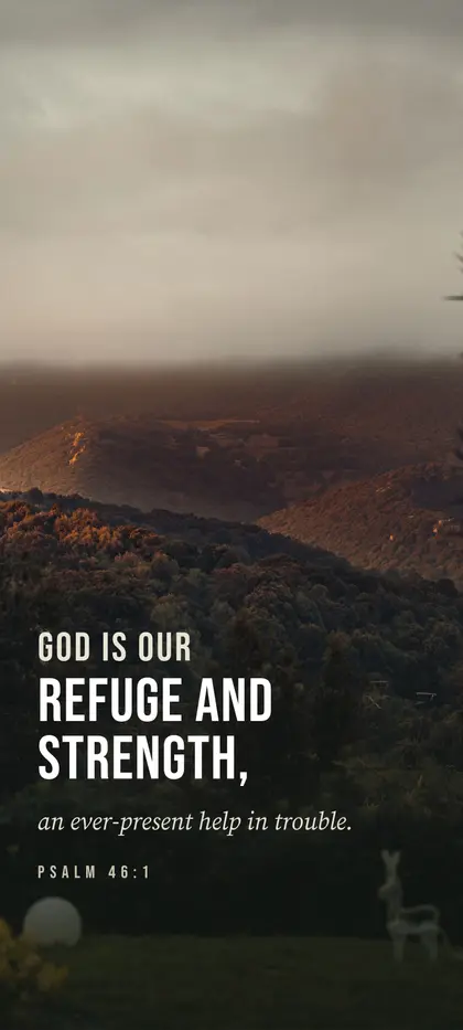 Psalm 46:1 Bible verse wallpaper — Misty Mountain background